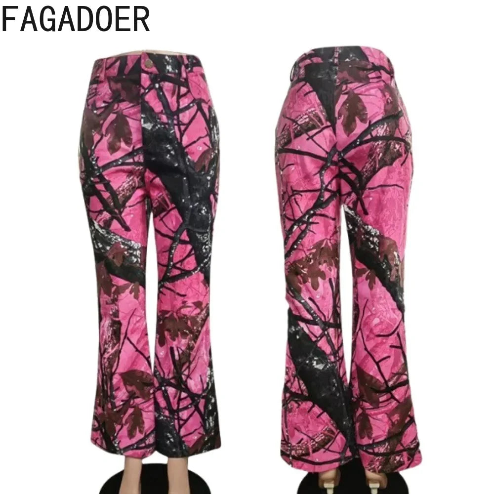 FAGADOER Pink Camouflage Print Pants Women Y2K Streetwear Button Pocket patchwork Straight Pants Hot girl Bottoms 2025
