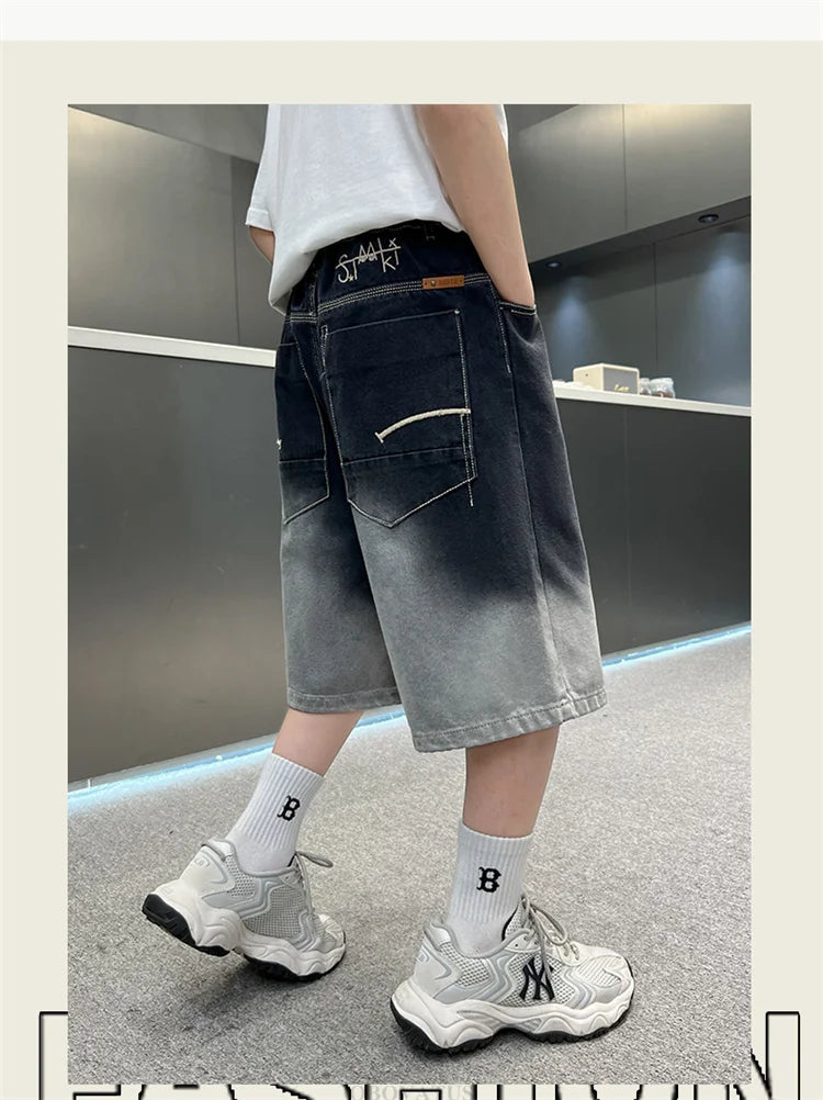 2025 New Summer Kids Designer Gradient Black Denim Shorts Tweens Boy Casual Straight Jeans Shorts For Child Age 5 6 8 10 12 14 T
