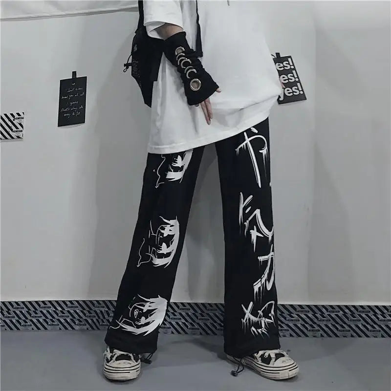 Black Japenese Printed Anime Y2k Sweatpants Male Streetwear Wide Leg Oversize Baggy Pants Casual Sport Causl Trousers Men 2023