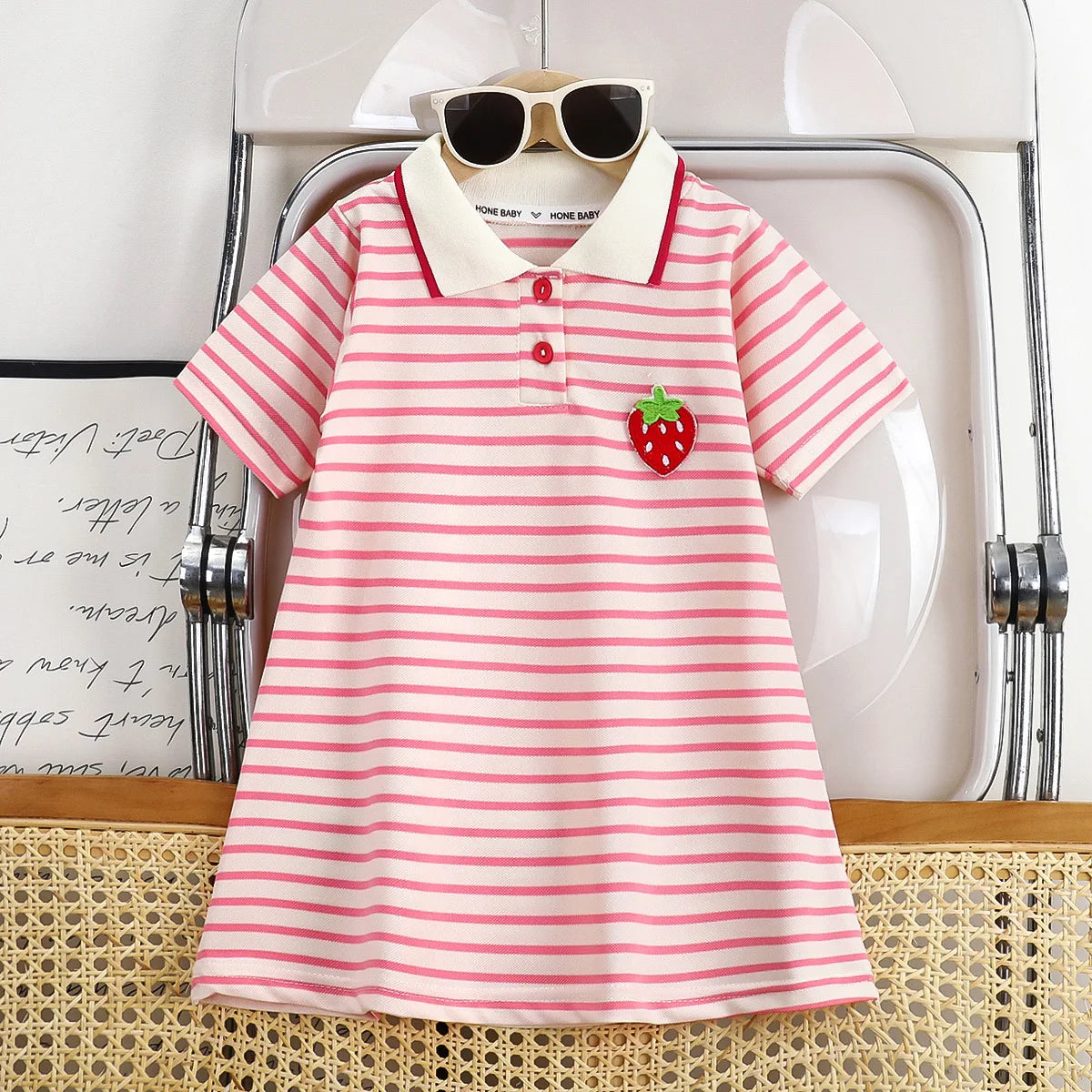 2025 New Children's Dress Girls' Summer Korean Edition Striped Strawberry lapel Casual Dress 1-10 Years Old