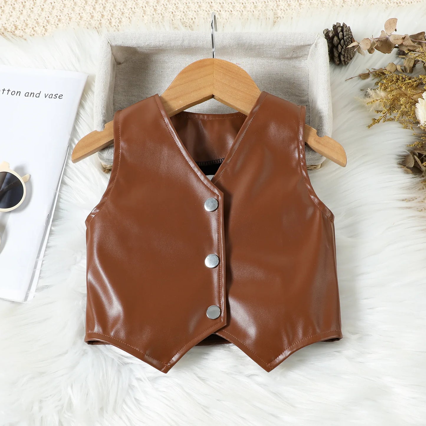 Autumn Fashion Cool Girls' Clothes Set V-Neck Pu Leather Vest Jacket With Pleated Skirt Two-Piece Set For Children's Clothing