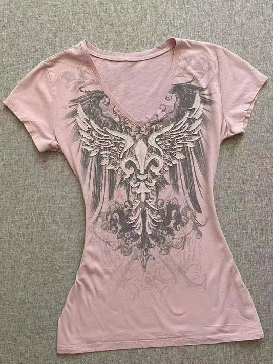 Y2k Aesthetic Flower Printing Women Grunge T-shirts Vintage Slim Harajuku Causal Black Tshirts 2025 Summer Bottoming Crop Tops