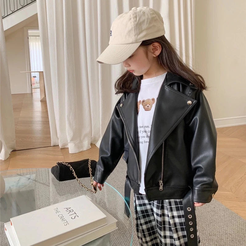 Autumn Girls Coat Waterproof And Stain Resistant Artificial Leather Fashion Zipper Jacket For 2-8 Years Girl Children Outdoor