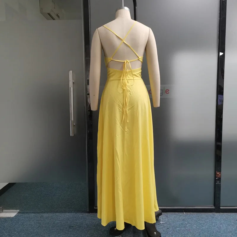 Women Sexy Spaghetti Strap V Neck Dresses Hollow Out Sleeveless Side Split Evening Dress Elegant Solid High Waist Pleat Vestidos