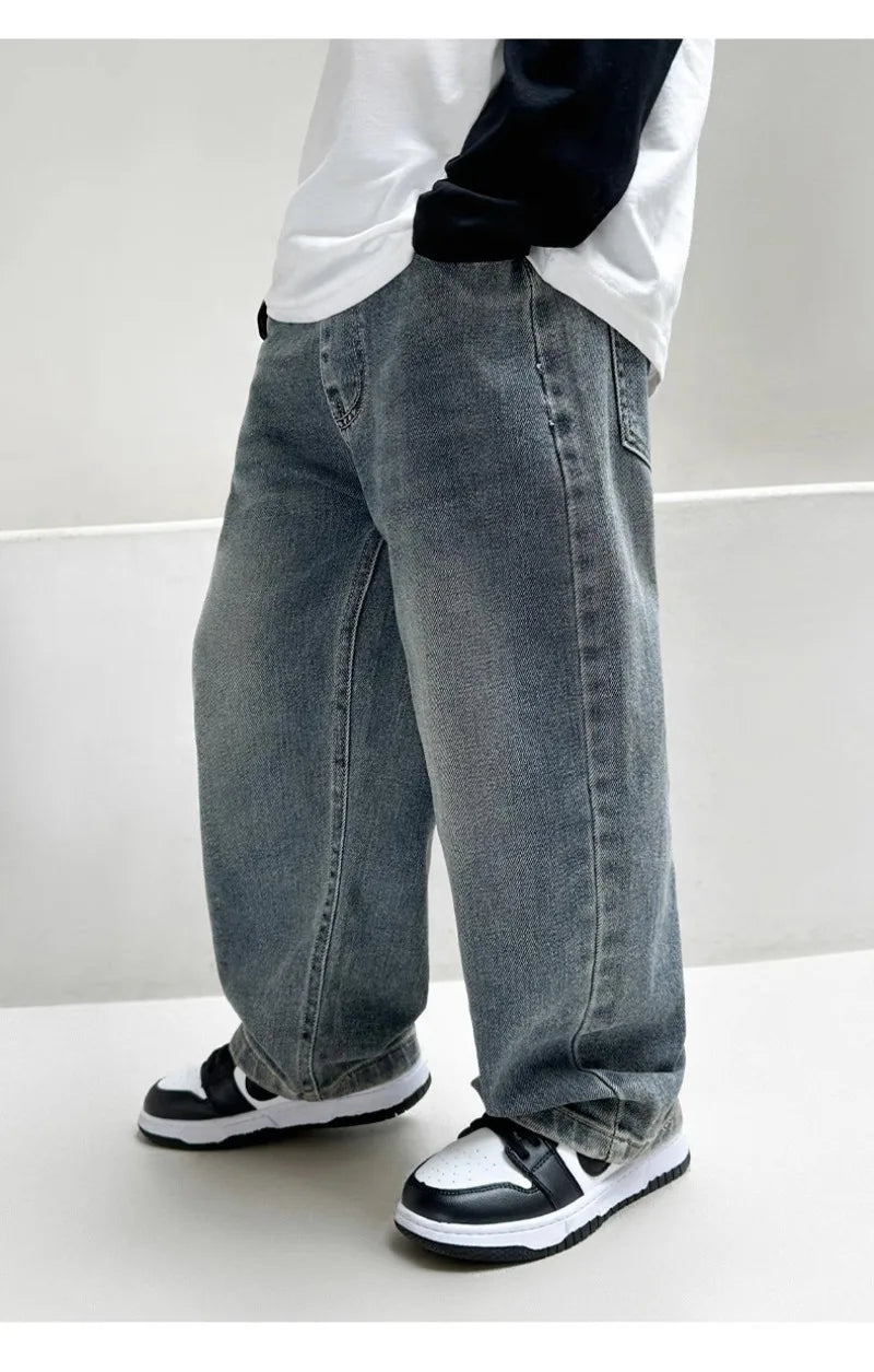 4-12Y Boys Jeans 2025 New Wide Straight Leg Denim Pant Children's Spring Clothing Big Children's Handsome Cotton Sports Pants