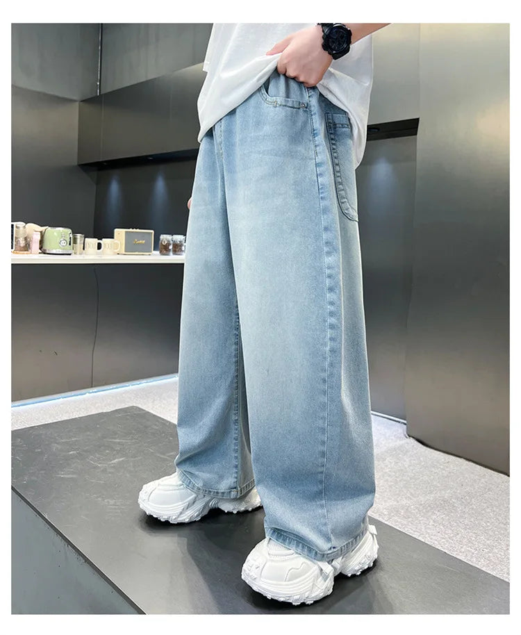 Kids Stylish Loose Straight Summer Patchwork Jeans for Tweens Boy Relaxed Fit Denim Pants Child Light Blue Washed Jeans Trousers
