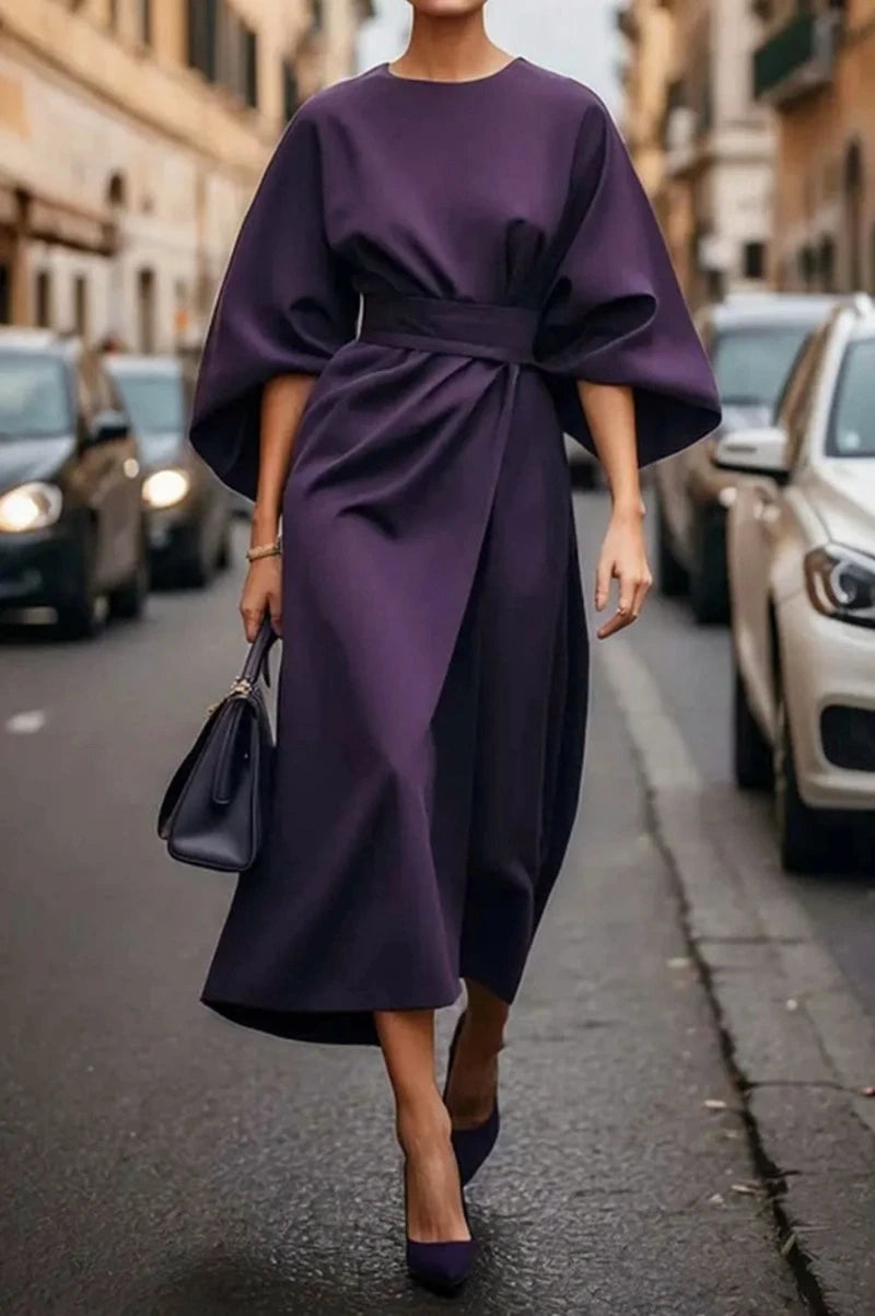 Women Fashion Elegant Solid Color Tight Waist Bat Sleeve Dress