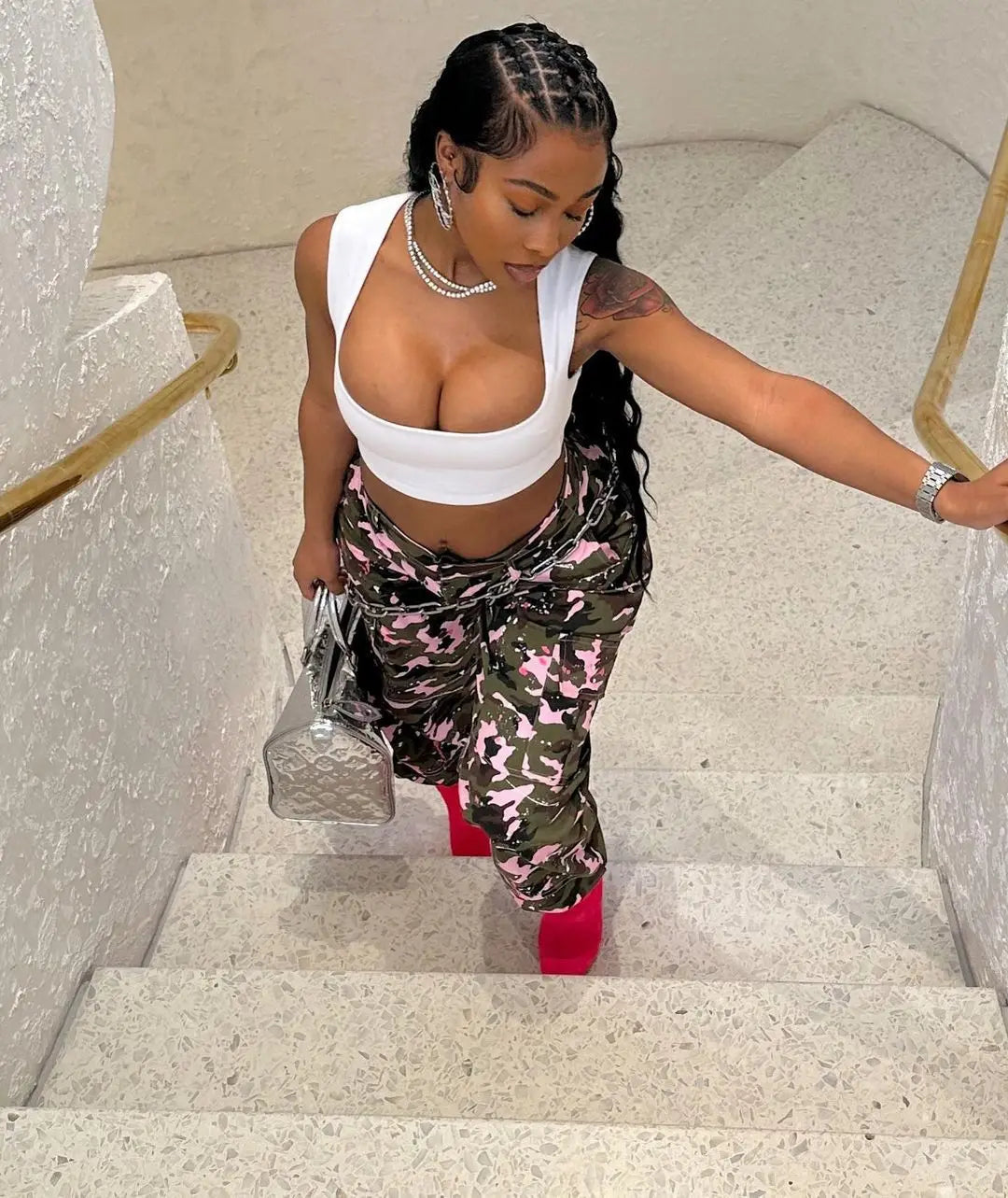 FAGADOER Pink Camouflage Print Pants Women Y2K Streetwear Button Pocket patchwork Straight Pants Hot girl Bottoms 2025