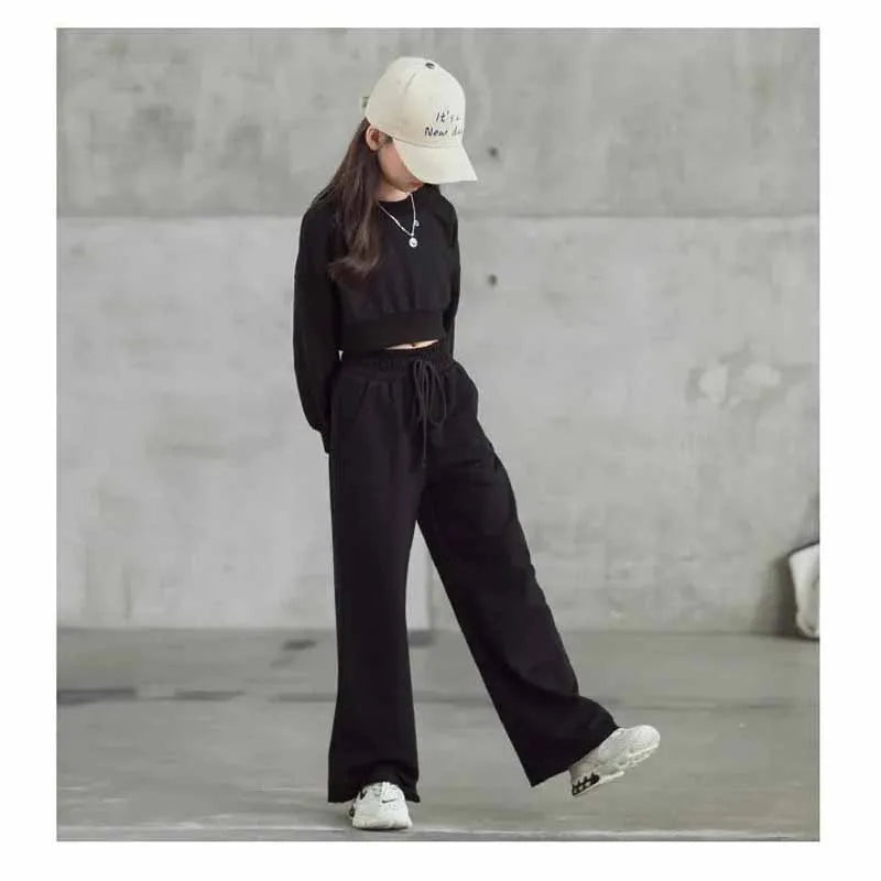Girls Solid Colour Sets Children's Long-Sleeved Short Sweater Trousers 2Pcs Spring Autumn New Kids Fashion Casual Suit 4-12Y