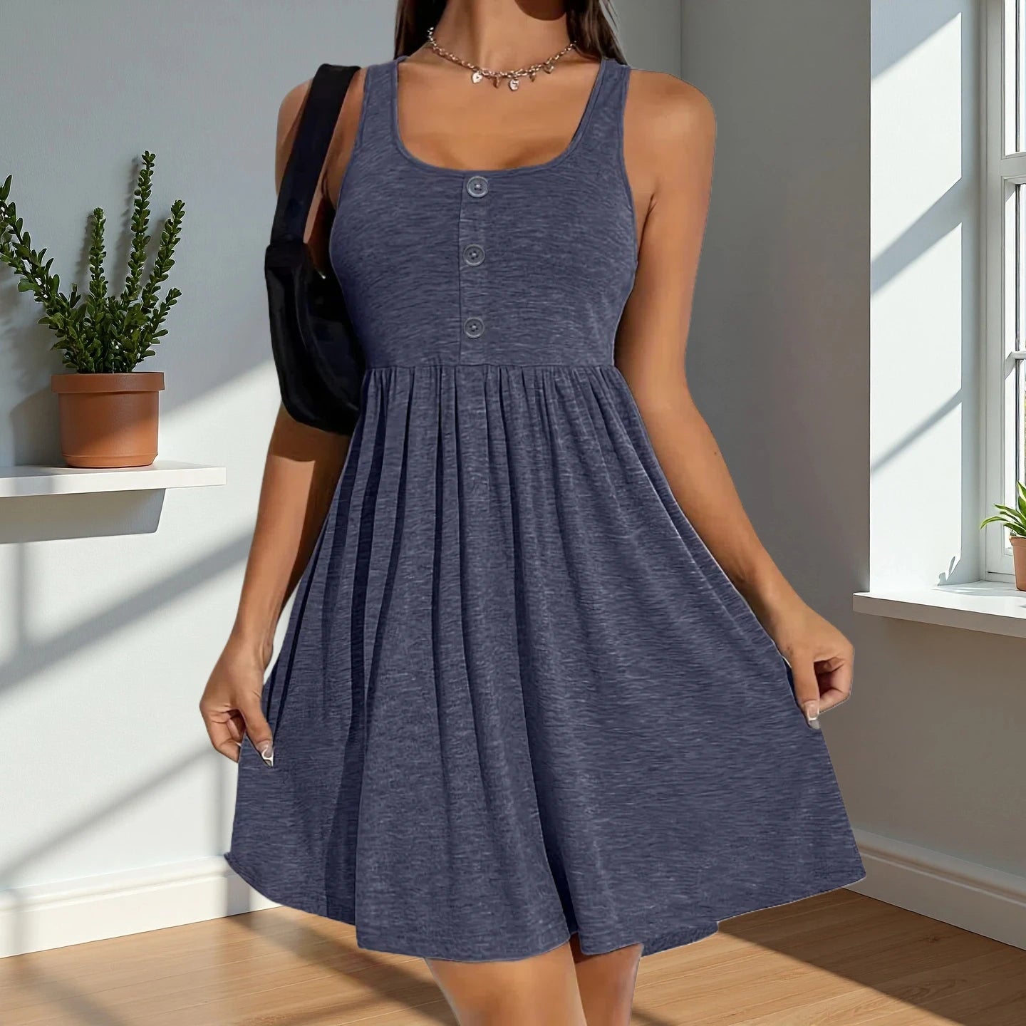 Fashionable plus size women's everyday sleeveless dress, square neck vest dress with button decoration