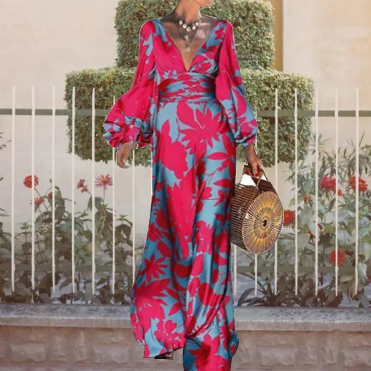 Dress Women spring/summer v-neck floral printing long lantern sleeve fashion Dresses Casual Vestidos dropshipping GHH21553