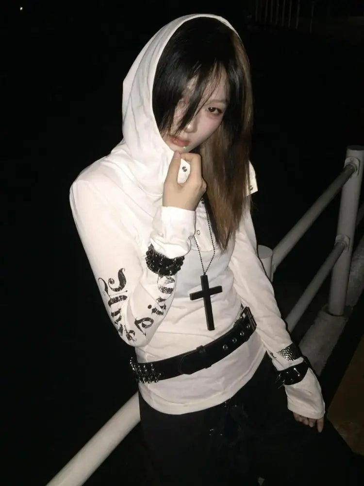 Seeslim Hooded Print Letter Graphic T Shirts Woman Clothes Youthful Long Sleeve 2000s Clothes Y2k Tees Female Clothing Autumn