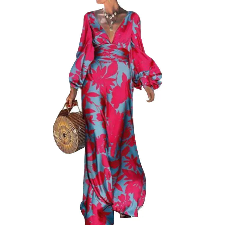 Dress Women spring/summer v-neck floral printing long lantern sleeve fashion Dresses Casual Vestidos dropshipping GHH21553