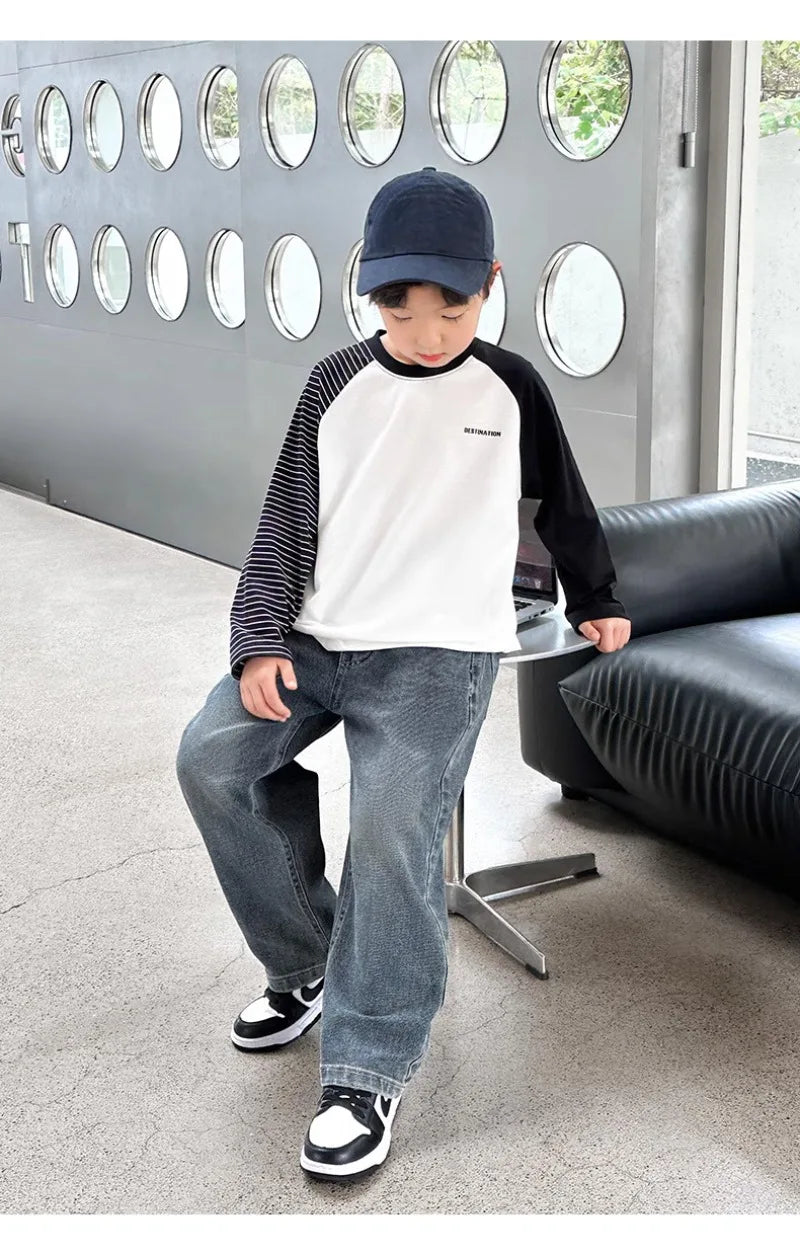 4-12Y Boys Jeans 2025 New Wide Straight Leg Denim Pant Children's Spring Clothing Big Children's Handsome Cotton Sports Pants