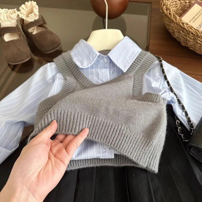 Girl Suit Korean Version of Baby Girl Autumn Knitted Vest Vest Blue Striped Shirt Pleated Skirt Three-piece Set Fashion