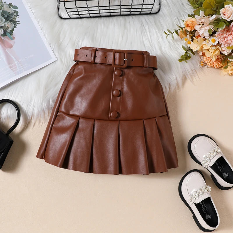 Pudcoco Toddler Girl 2 Piece Outfit Ruffles Long Sleeve Tops and Leather Pleated Skirt Set for Baby Fall Cute Clothes 18M-6T