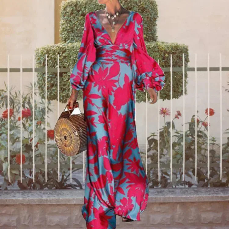 Dress Women spring/summer v-neck floral printing long lantern sleeve fashion Dresses Casual Vestidos dropshipping GHH21553