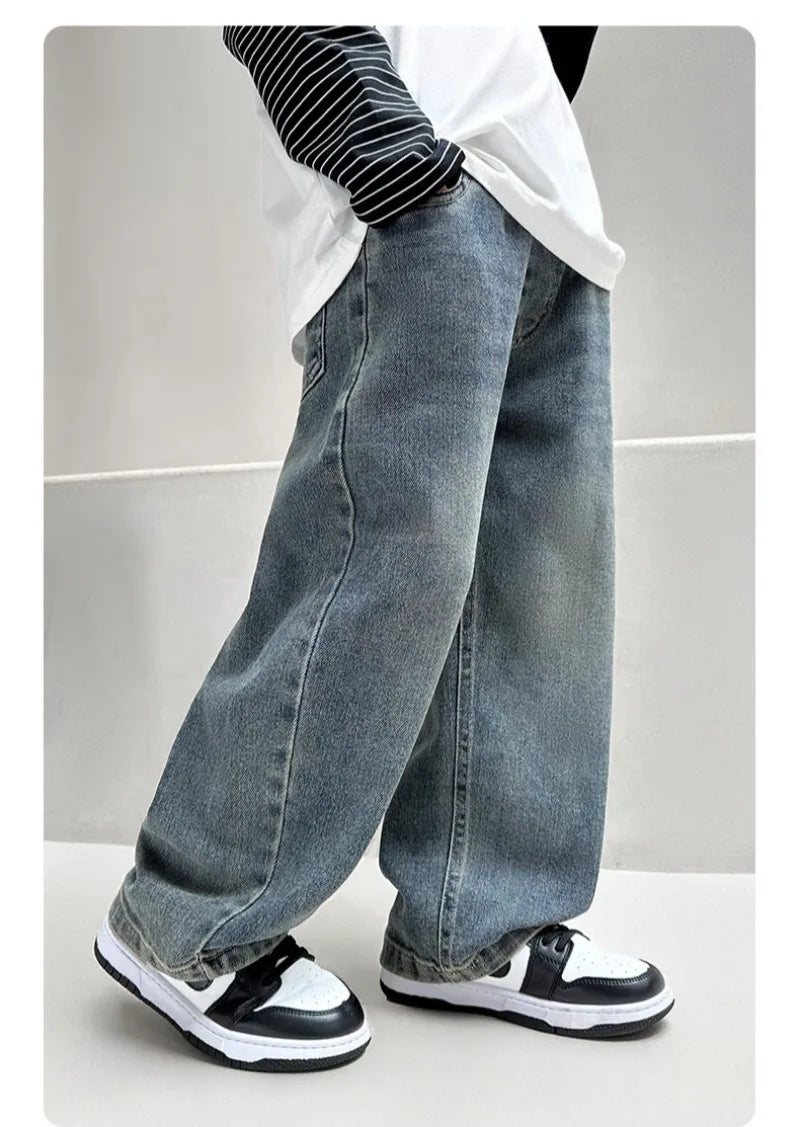 4-12Y Boys Jeans 2025 New Wide Straight Leg Denim Pant Children's Spring Clothing Big Children's Handsome Cotton Sports Pants