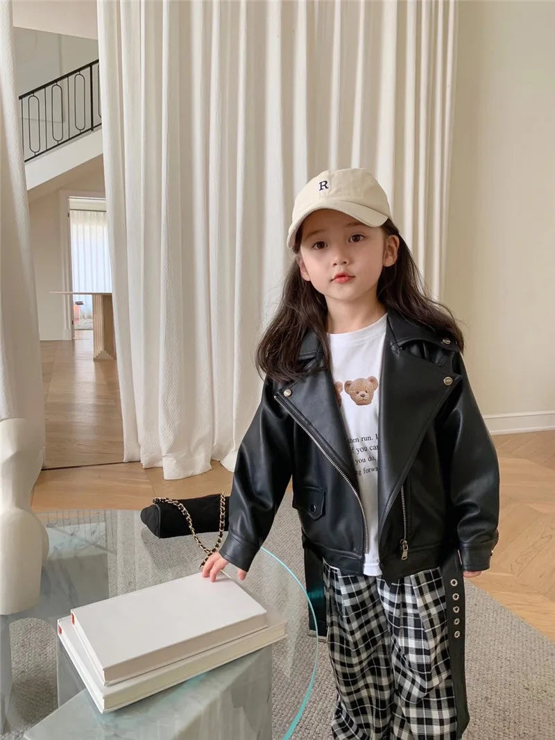 Autumn Girls Coat Waterproof And Stain Resistant Artificial Leather Fashion Zipper Jacket For 2-8 Years Girl Children Outdoor