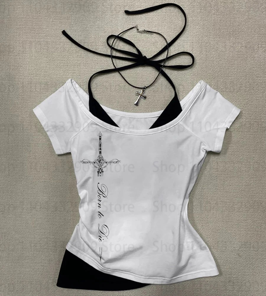 Gothic Grunge Punk Printing Women's Long Sleeve Tee Casual Slim Fit Sexy Chic Emo Girls Crop Top Y2K Harajuku Vintage Streetwear