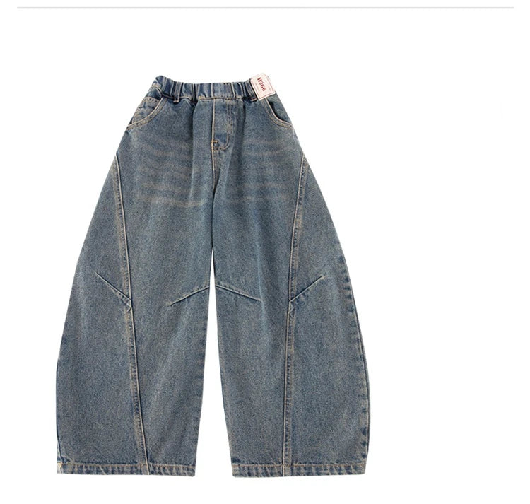 Elegant Children Vintage Blue Baggy Curved Jeans for Teenage Boy Fashion Casual Wide Leg Denim Pants Kids Loose Jeans Trousers