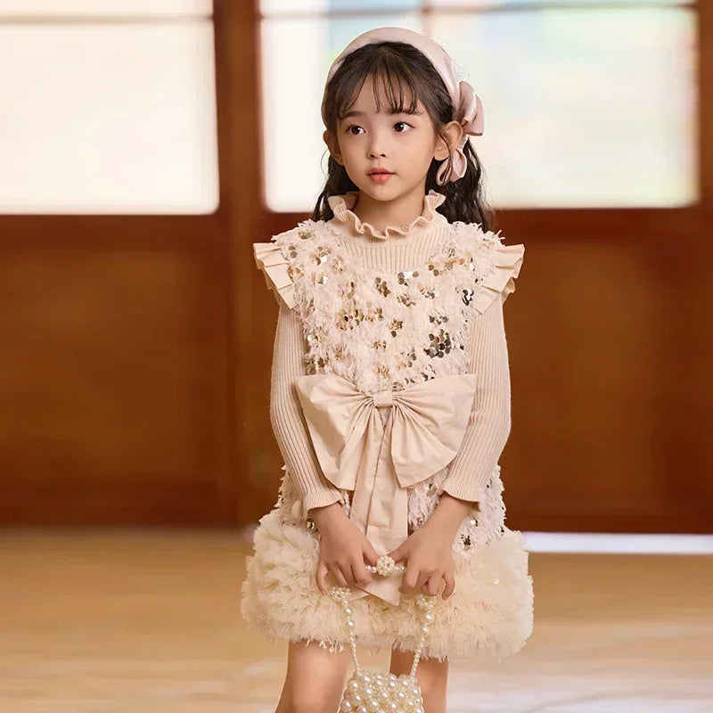 Baby Girls TUTU Dress Kids Children Vest Dress Bow Sequins Sleeveless Casual Dresses Spring Autumn Clothes 2-6 Years  L392/L429