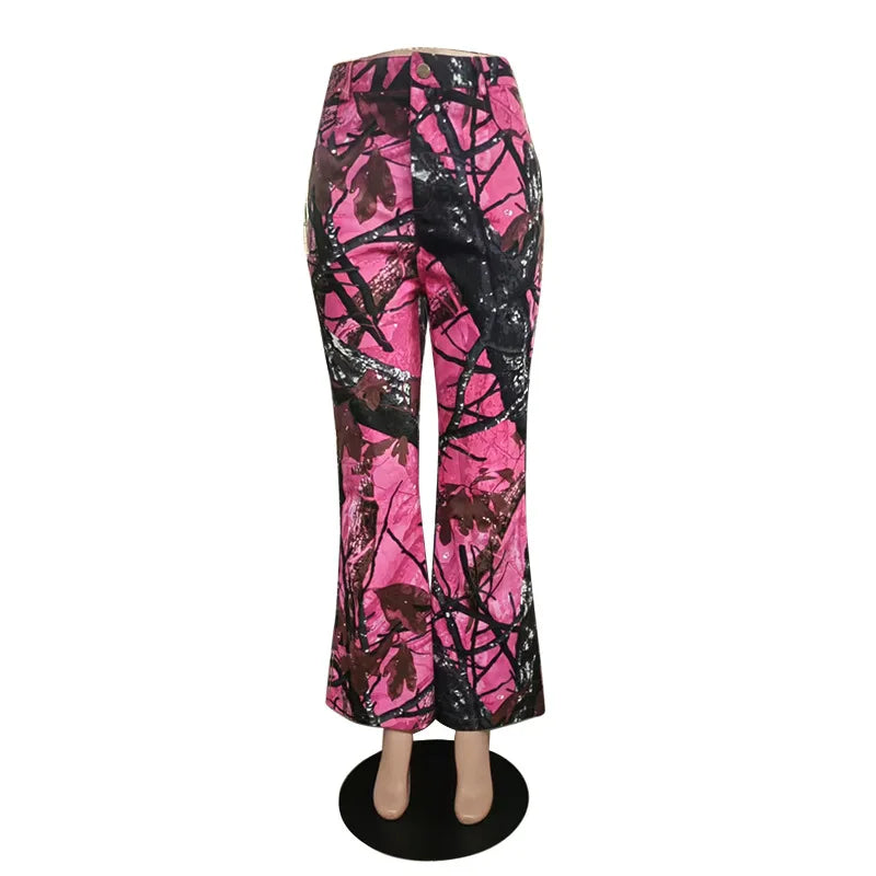 FAGADOER Pink Camouflage Print Pants Women Y2K Streetwear Button Pocket patchwork Straight Pants Hot girl Bottoms 2025