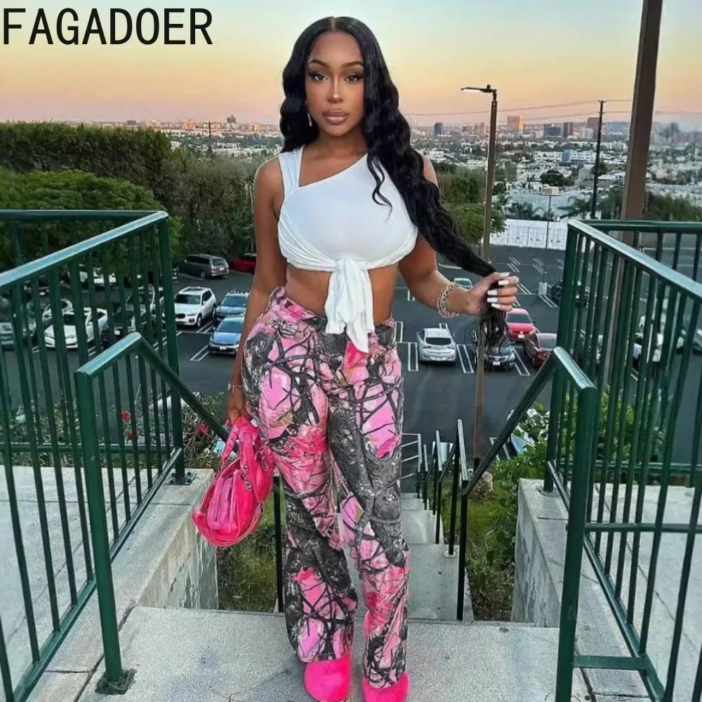 FAGADOER Pink Camouflage Print Pants Women Y2K Streetwear Button Pocket patchwork Straight Pants Hot girl Bottoms 2025
