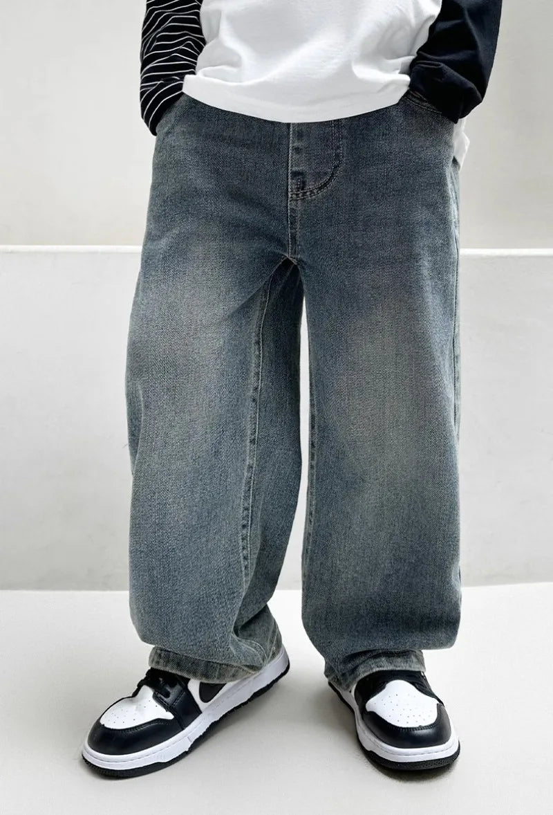 4-12Y Boys Jeans 2025 New Wide Straight Leg Denim Pant Children's Spring Clothing Big Children's Handsome Cotton Sports Pants