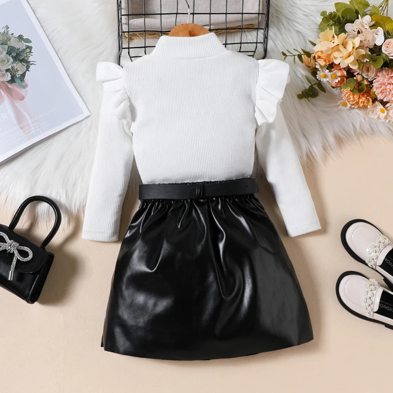 Pudcoco Toddler Girl 2 Piece Outfit Ruffles Long Sleeve Tops and Leather Pleated Skirt Set for Baby Fall Cute Clothes 18M-6T