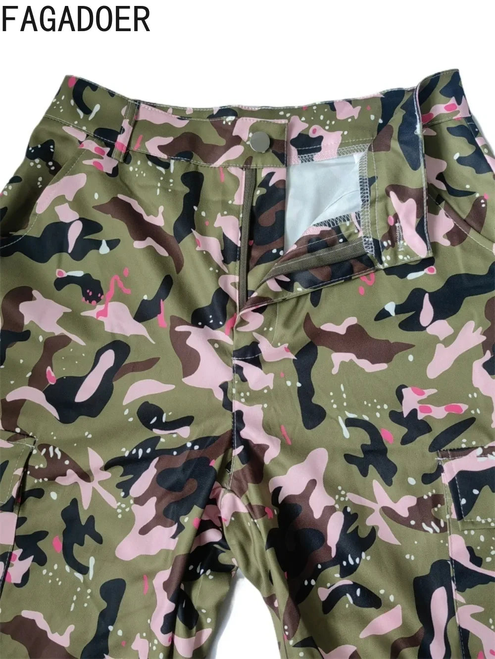 FAGADOER Pink Camouflage Print Pants Women Y2K Streetwear Button Pocket patchwork Straight Pants Hot girl Bottoms 2025