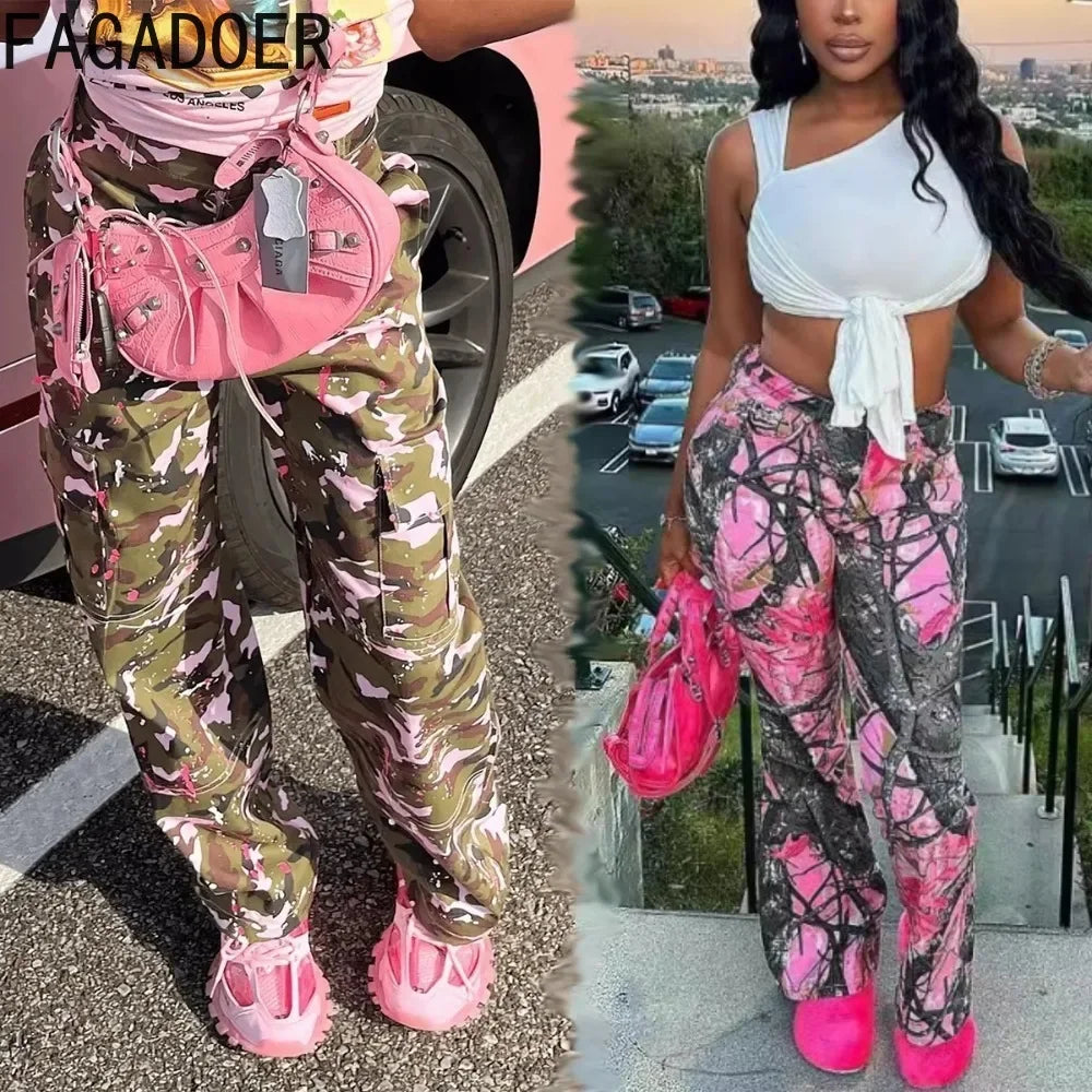 FAGADOER Pink Camouflage Print Pants Women Y2K Streetwear Button Pocket patchwork Straight Pants Hot girl Bottoms 2025