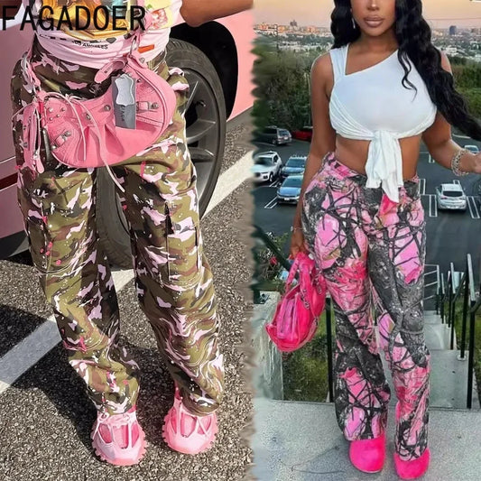 FAGADOER Pink Camouflage Print Pants Women Y2K Streetwear Button Pocket patchwork Straight Pants Hot girl Bottoms 2025