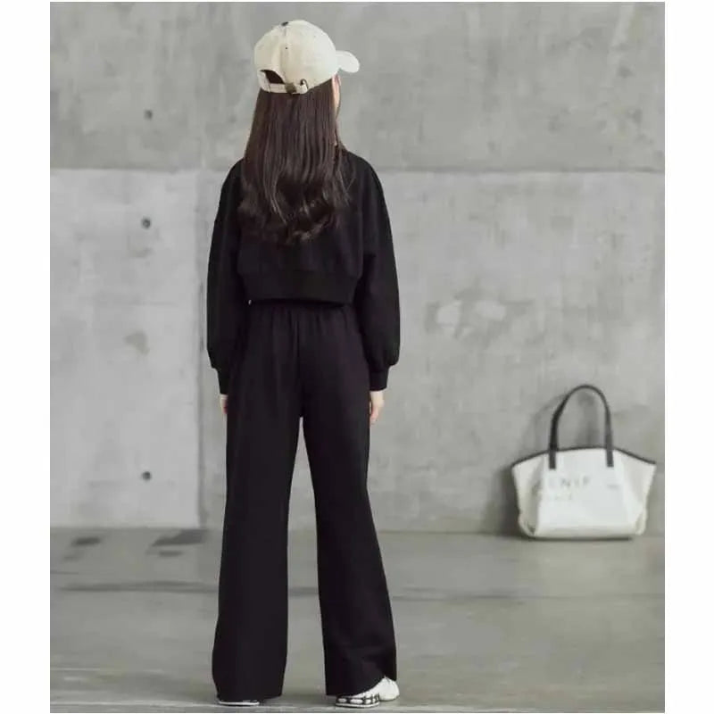 Girls Solid Colour Sets Children's Long-Sleeved Short Sweater Trousers 2Pcs Spring Autumn New Kids Fashion Casual Suit 4-12Y