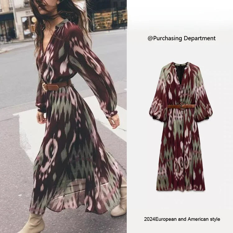 Spring New Arrival Women's Dr ZA2025 with Belt Waist Cinching Silk Satin Feel Good Quali Faionable Ethnic Sle