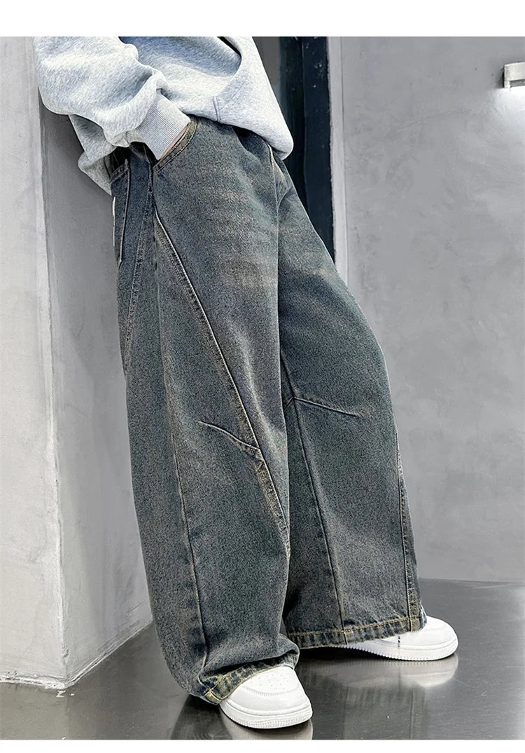 Elegant Children Vintage Blue Baggy Curved Jeans for Teenage Boy Fashion Casual Wide Leg Denim Pants Kids Loose Jeans Trousers