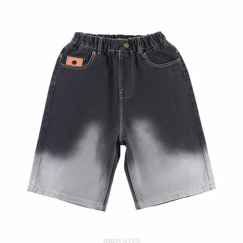 2025 New Summer Kids Designer Gradient Black Denim Shorts Tweens Boy Casual Straight Jeans Shorts For Child Age 5 6 8 10 12 14 T