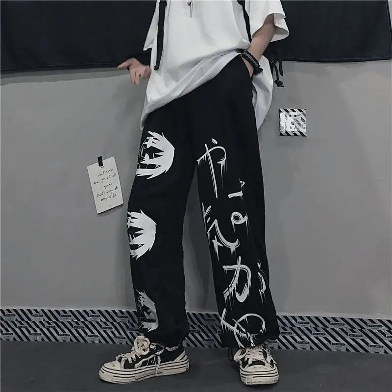 Black Japenese Printed Anime Y2k Sweatpants Male Streetwear Wide Leg Oversize Baggy Pants Casual Sport Causl Trousers Men 2023