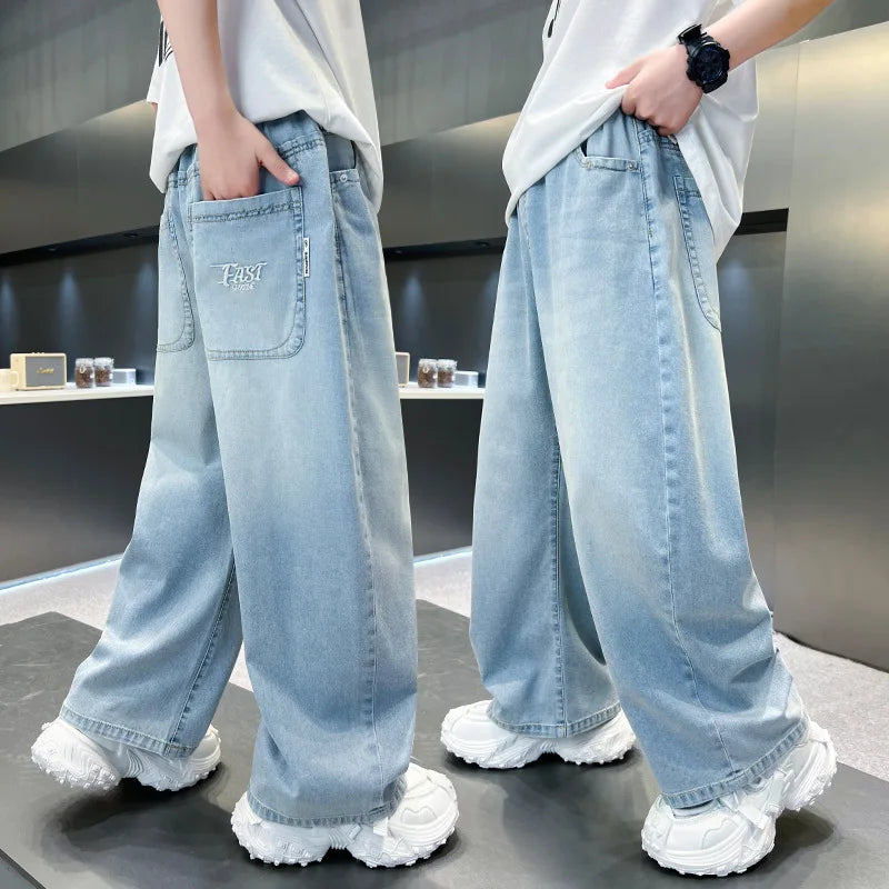 Kids Stylish Loose Straight Summer Patchwork Jeans for Tweens Boy Relaxed Fit Denim Pants Child Light Blue Washed Jeans Trousers