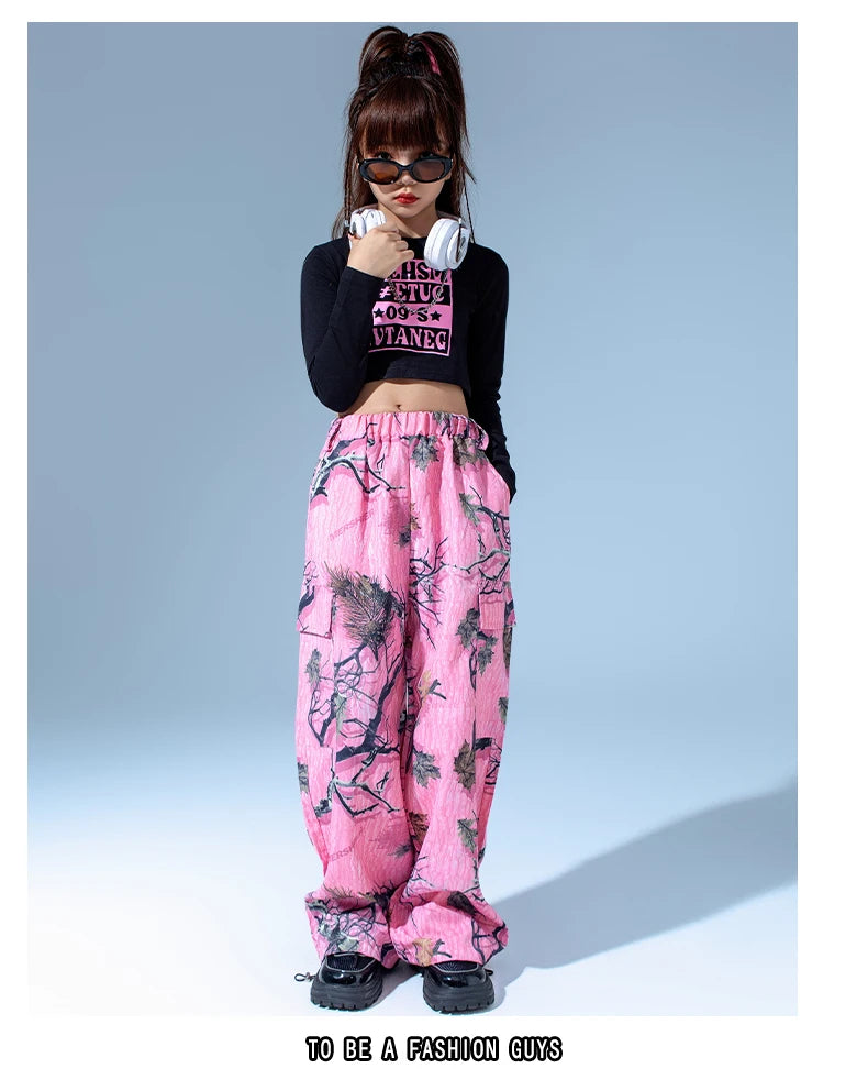 Kids Modern Hip Hop Dance Costumes For Girls Black Crop Tops Loose Pants Suit Children Jazz Dance Performance Clothes DQS15809