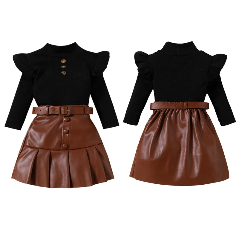 Pudcoco Toddler Girl 2 Piece Outfit Ruffles Long Sleeve Tops and Leather Pleated Skirt Set for Baby Fall Cute Clothes 18M-6T