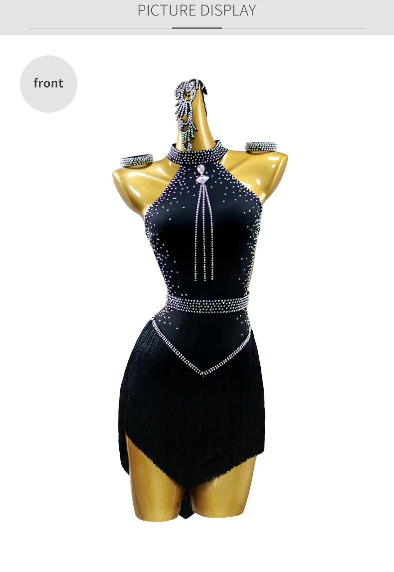 Black Latin Dress Women Stage Outfit Line Dance Costume 2025 New Sexy Girl Prom Skirt Kid Party Suit  Evening Clothes Customized
