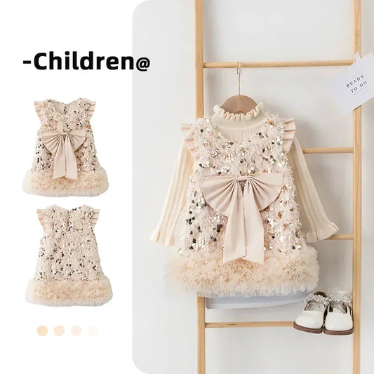 Baby Girls TUTU Dress Kids Children Vest Dress Bow Sequins Sleeveless Casual Dresses Spring Autumn Clothes 2-6 Years  L392/L429