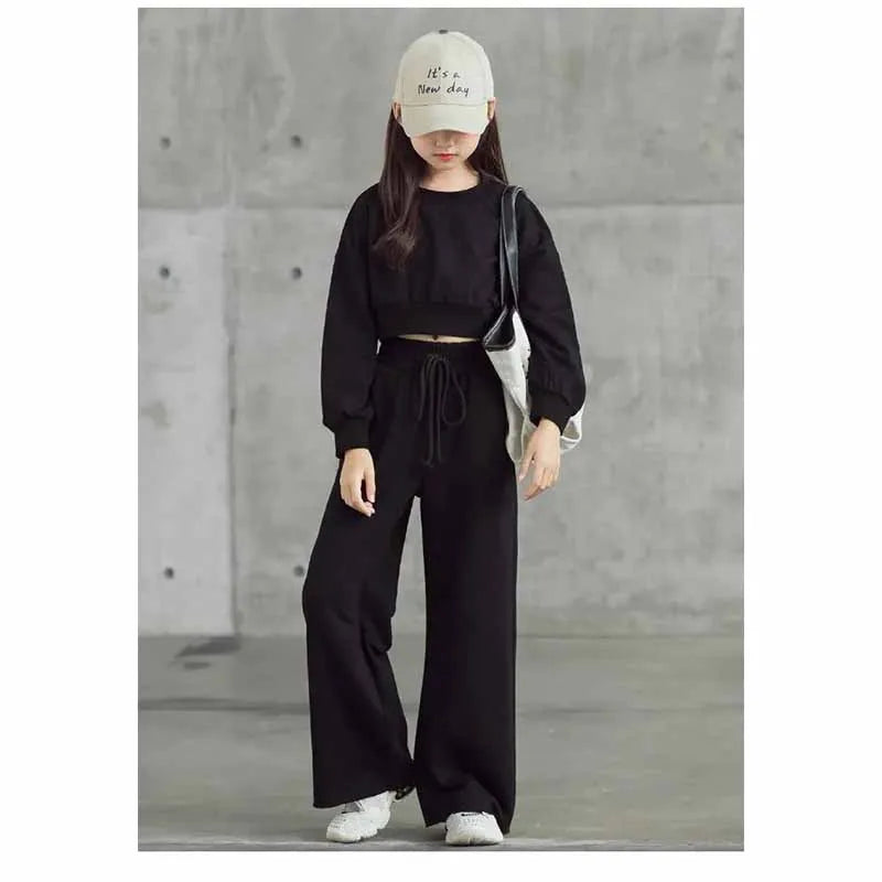 Girls Solid Colour Sets Children's Long-Sleeved Short Sweater Trousers 2Pcs Spring Autumn New Kids Fashion Casual Suit 4-12Y