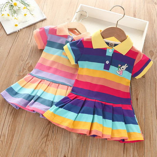 Girl's Summer fashion cute short sleeve  cartoon  rabbit embroidered rainbow strip baby girl princess dress