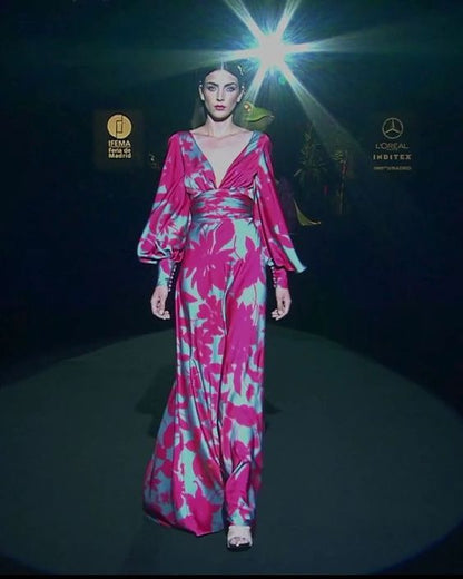 2025 New Cross-Border Amazon European and American Clothing Dress Slim Lantern Sleeve Fashion Printed V Neck Long Skirt