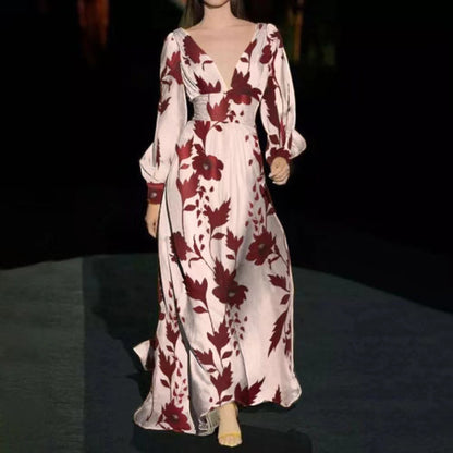 2025 New Cross-Border Amazon European and American Clothing Dress Slim Lantern Sleeve Fashion Printed V Neck Long Skirt