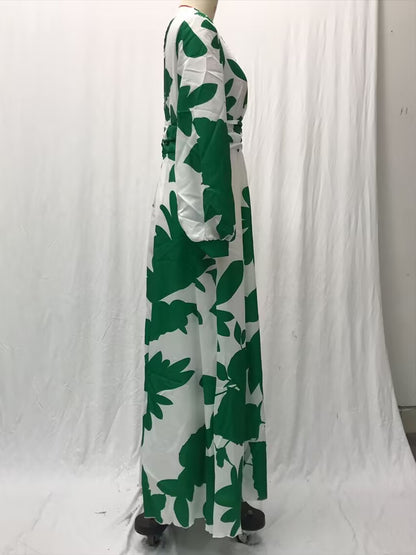 2025 New Cross-Border Amazon European and American Clothing Dress Slim Lantern Sleeve Fashion Printed V Neck Long Skirt