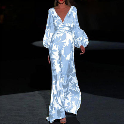2025 New Cross-Border Amazon European and American Clothing Dress Slim Lantern Sleeve Fashion Printed V Neck Long Skirt