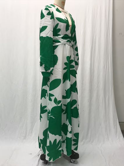 2025 New Cross-Border Amazon European and American Clothing Dress Slim Lantern Sleeve Fashion Printed V Neck Long Skirt
